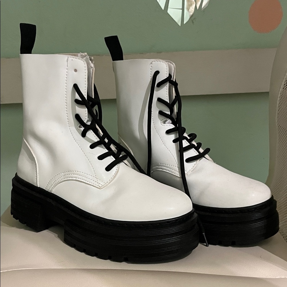 Forever 21 White Combat Boots with Black Laces